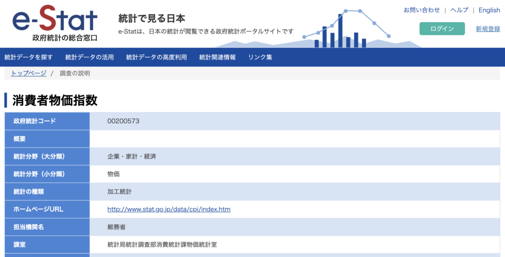 画面下の「消費者物価指数の統計データはこちらからご参照ください。」をクリック