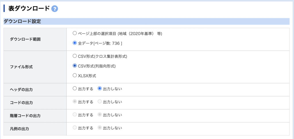 「CSV形式（列指向形式）」を選び、画面下の「ダウンロード」ボタンをクリック